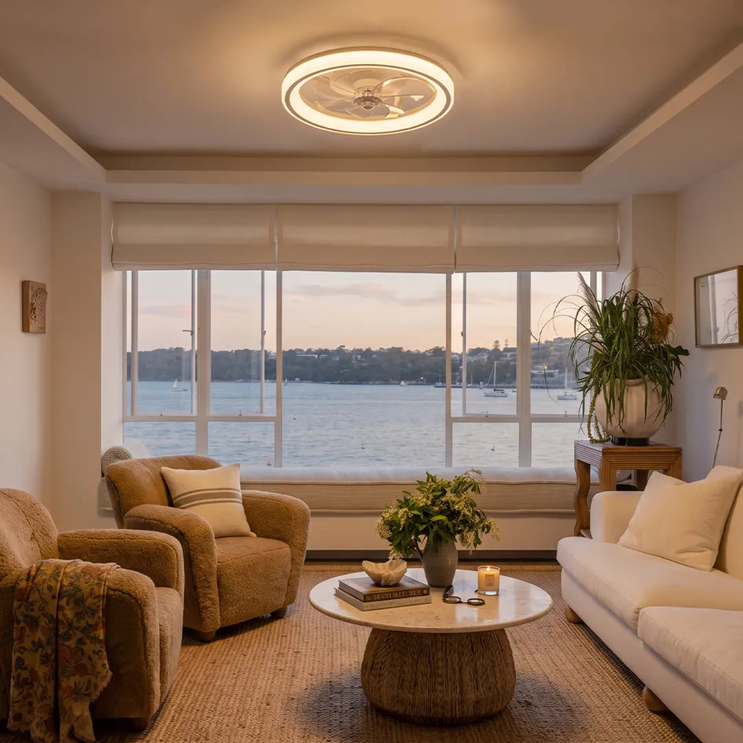 Ceiling fans with light fixtures mounted in a cozy living room with large windows and warm ambient lighting.