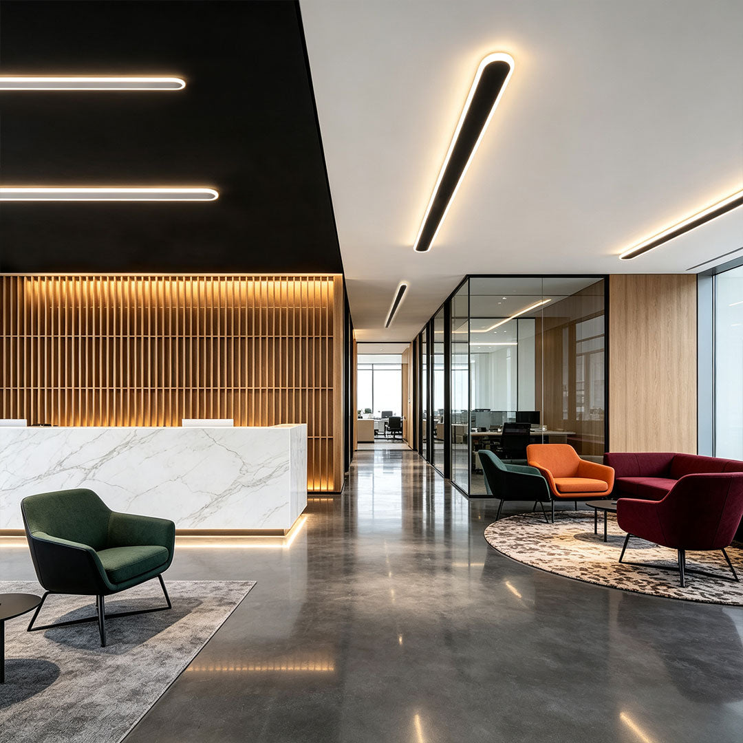 Minimalist ceiling linear lights creating sleek ambient illumination in a modern commercial interior.