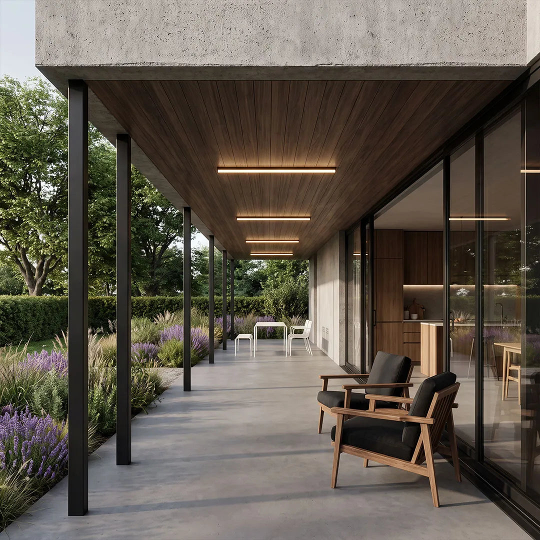 Ceiling linear lights installed along a modern covered walkway with wood ceilings and garden views.