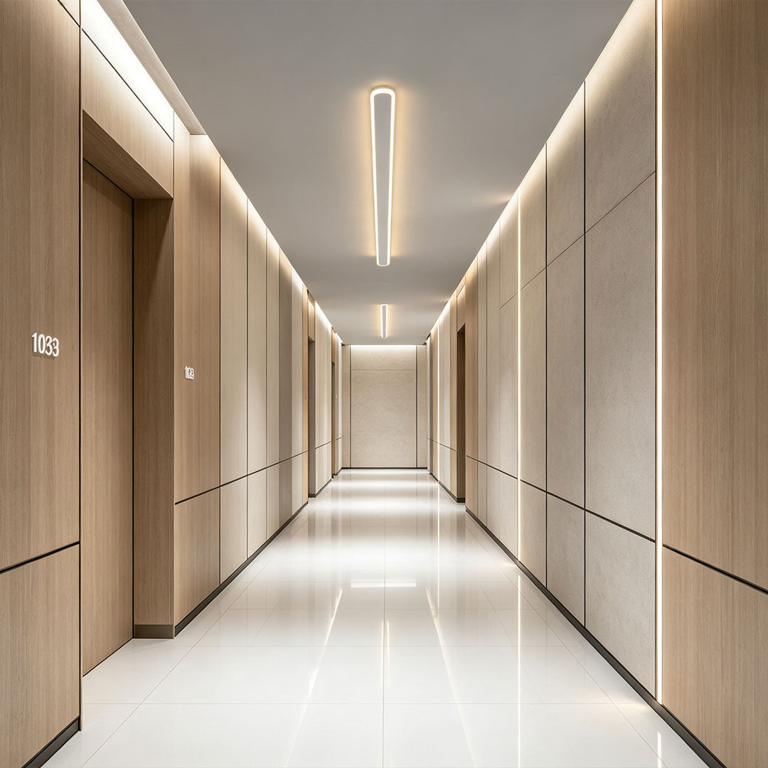 Long ceiling linear lights illuminating a clean hallway with modern recessed wall panel design.