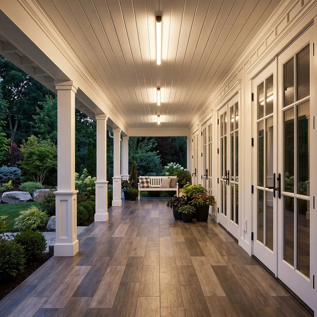Ceiling linear lights arranged along a spacious covered porch with wood flooring and glass doors.