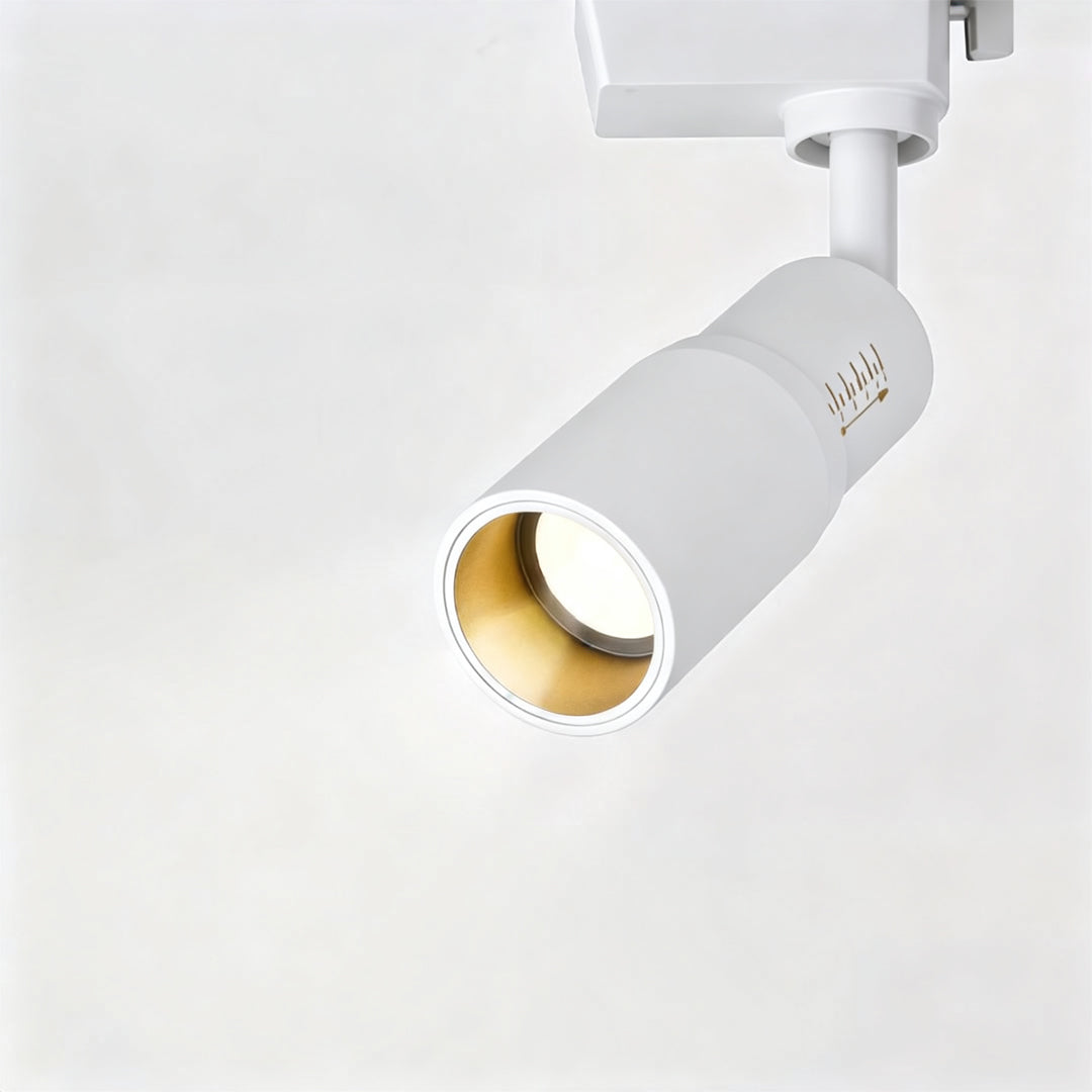 Detailed view of ceiling rail spotlights with adjustable spotlight head and recessed reflector design.