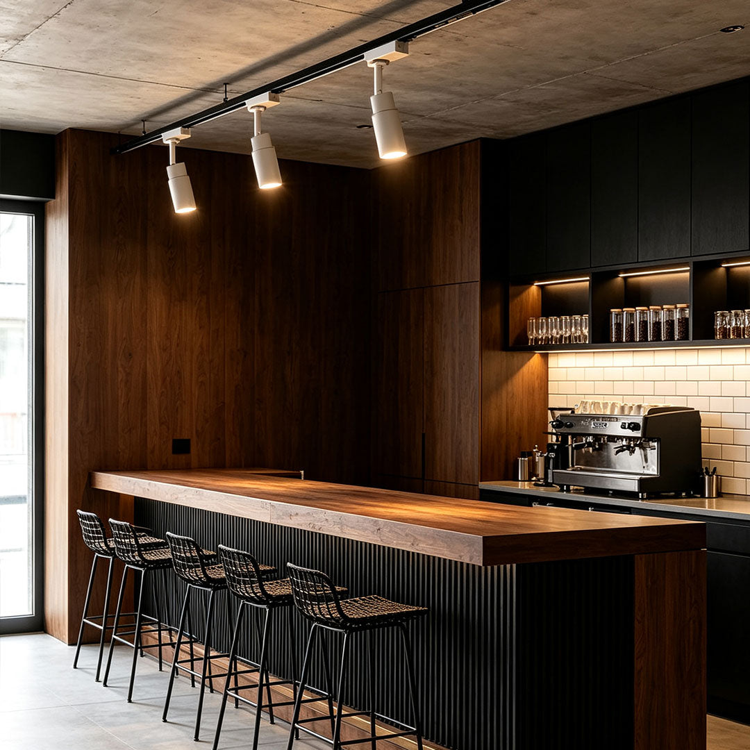 Black ceiling rail spotlights illuminating a stylish café bar interior with focused directional lighting.