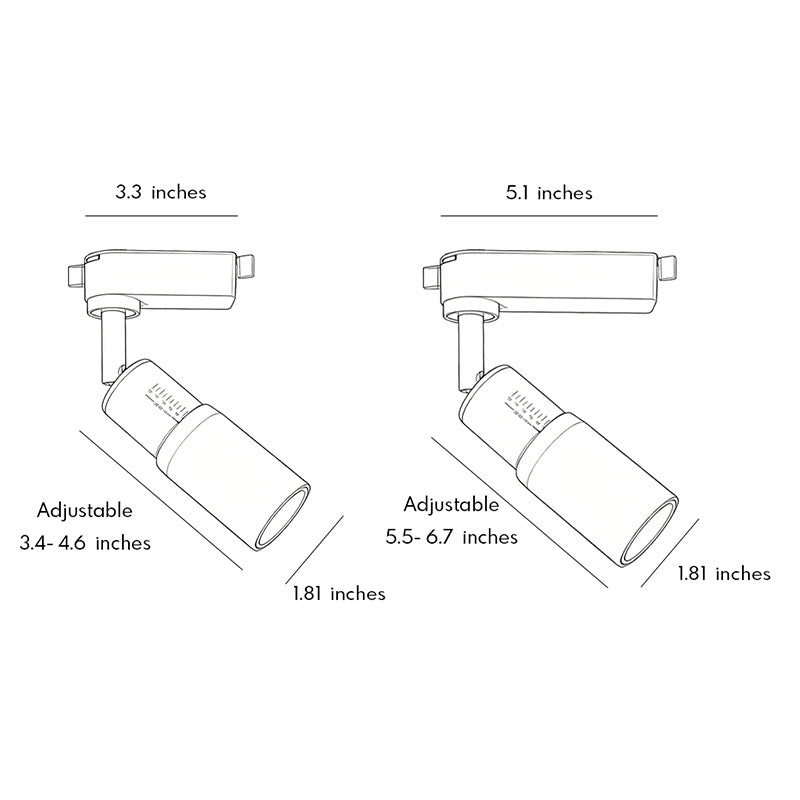 Dimension drawing of ceiling rail spotlights showing adjustable spotlight measurements and track fixture sizes.
