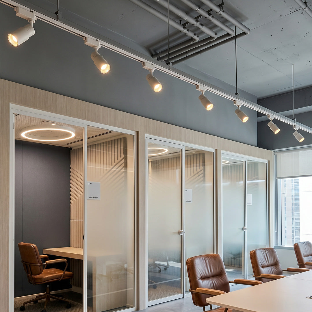 Adjustable ceiling rail spotlights mounted along a modern office corridor with industrial ceiling design.