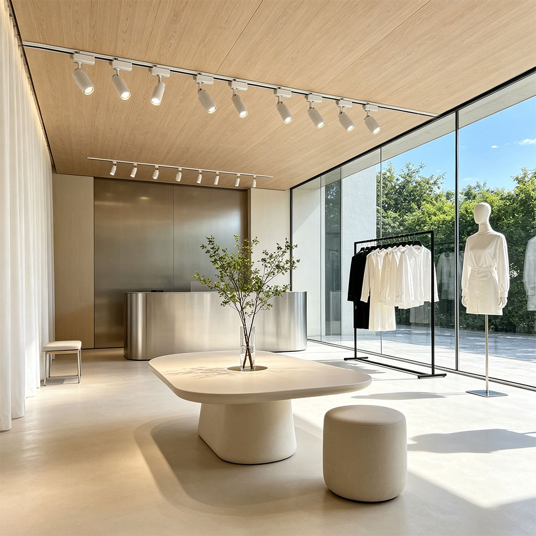 White ceiling rail spotlights installed in a contemporary retail showroom with directional track lighting.
