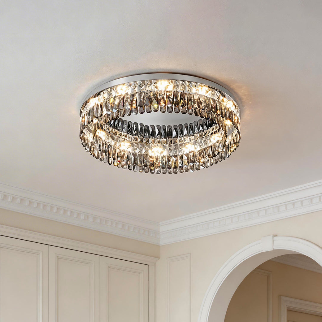 Stunning ceiling round led lights with a double ring of clear faceted crystals and warm bulbs.