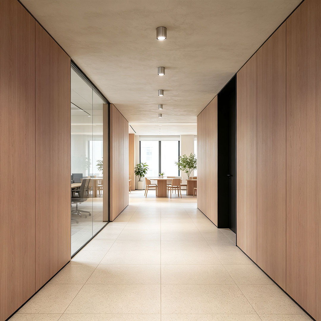 Ceiling spotlight providing focused illumination in a modern hallway with wood panel walls.