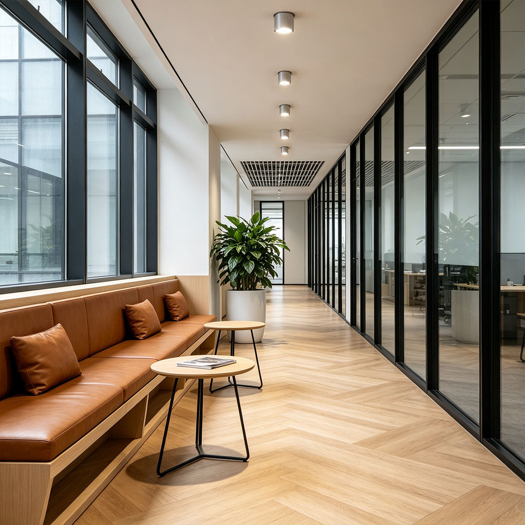 Ceiling spotlight installed in contemporary office corridor with clean architectural lighting design.