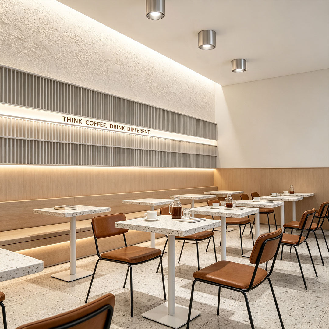 Ceiling spotlight enhancing a contemporary restaurant interior with warm ambient lighting.