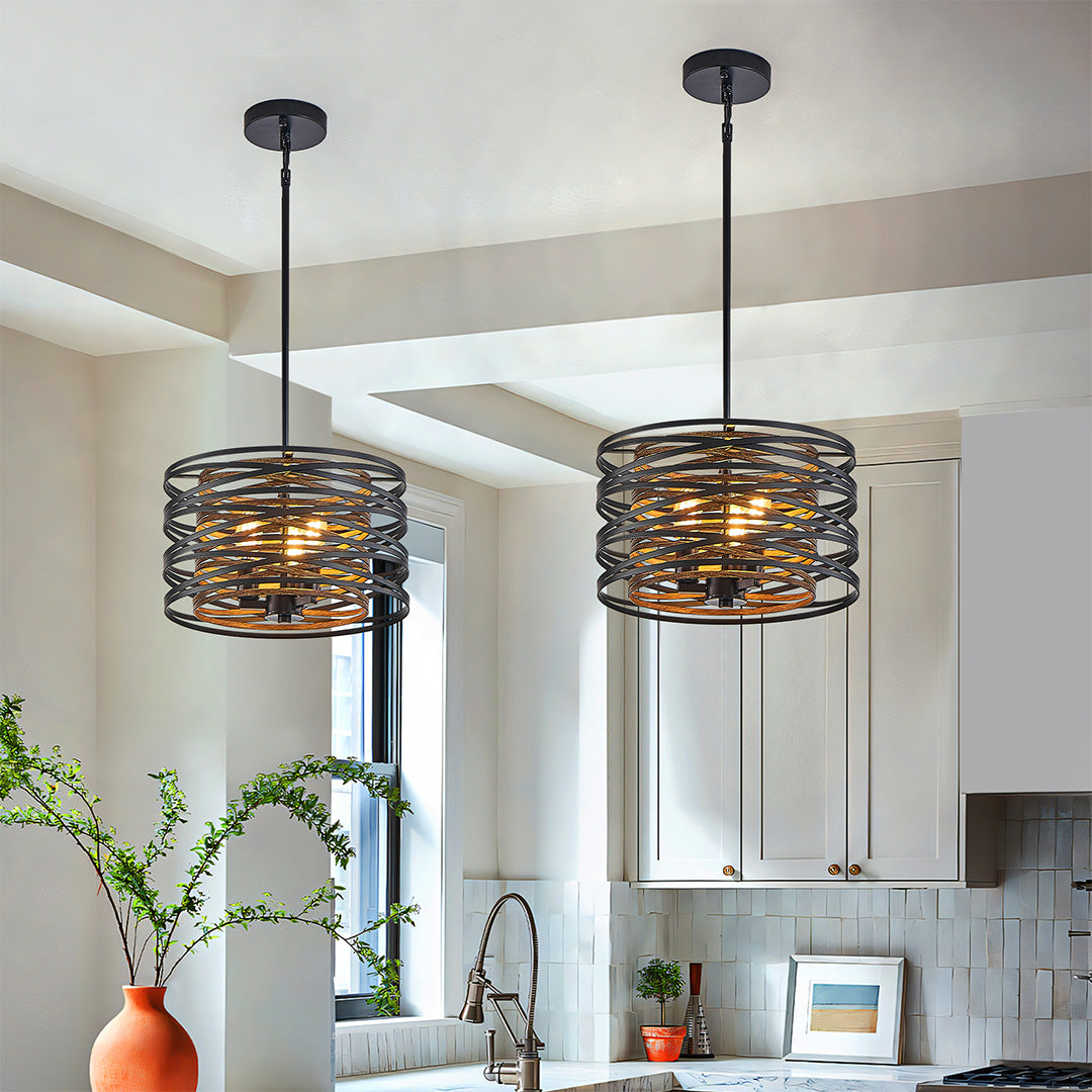 Ceiling view of a black drum pendant light, showcasing its clean lines and minimalist canopy.
