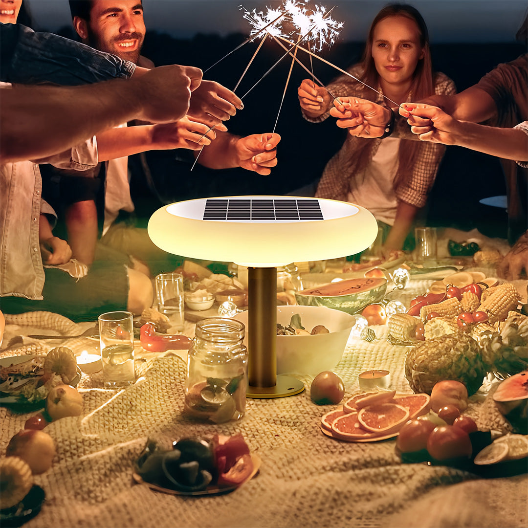 Solar LED post light during a celebration, festive and eco-friendly outdoor lighting