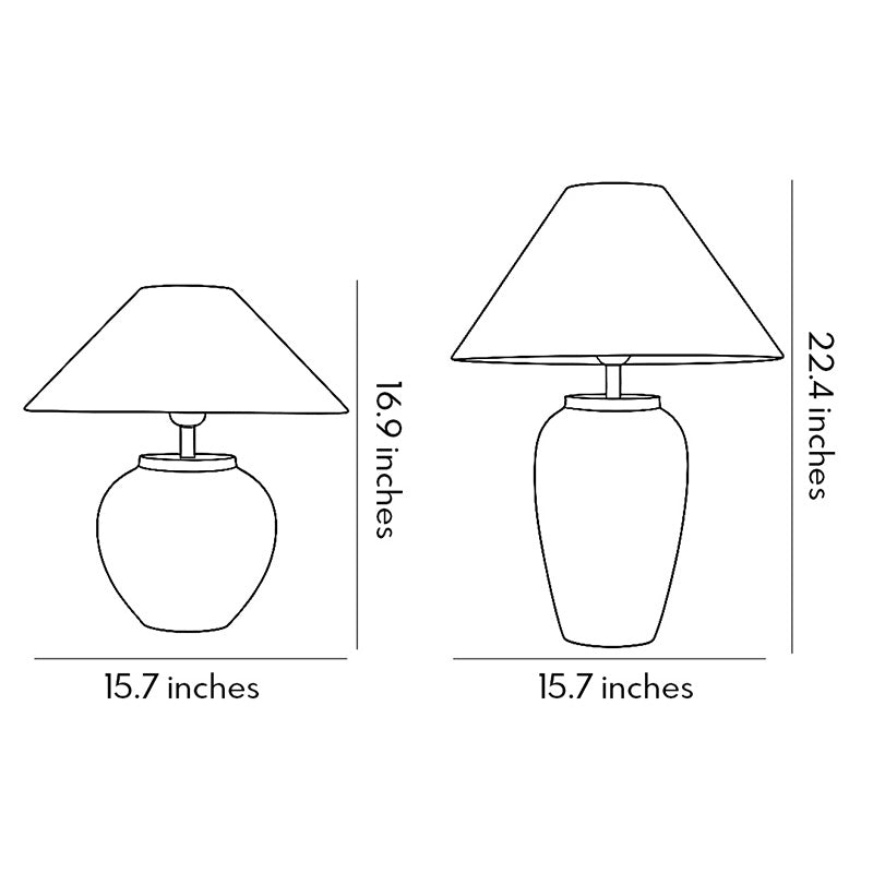 Ceramic base table lamp dimension drawing showing two lamp shapes with overall height and width measurements.