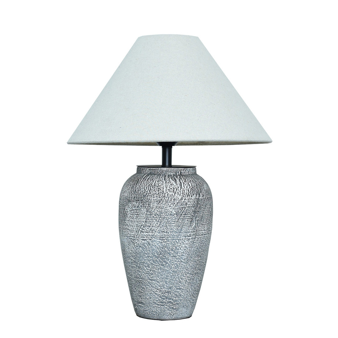 Ceramic base table lamp product view on a white background with a tall vase-shaped base and tapered shade.