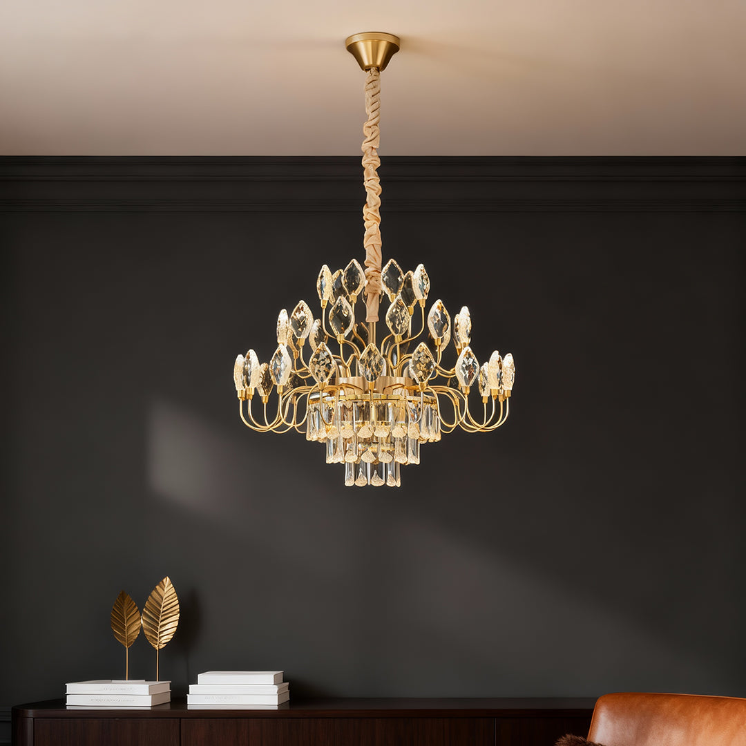 Classic ceramic chandelier above a contemporary wooden dining table.
