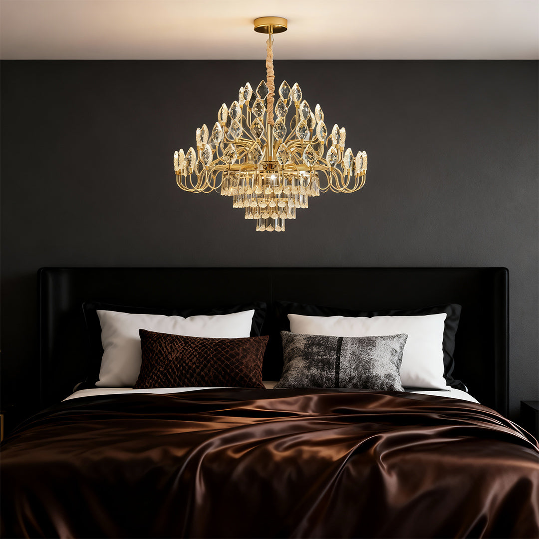 Elegant ceramic crystal led chandelier lighting up a bedroom interior.
