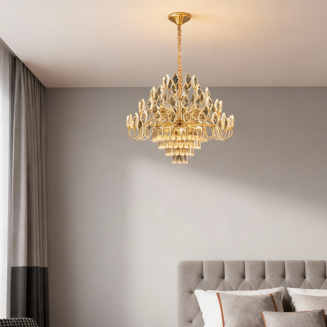 Ceramic crystal led chandelier in bedroom with neutral wall tones.