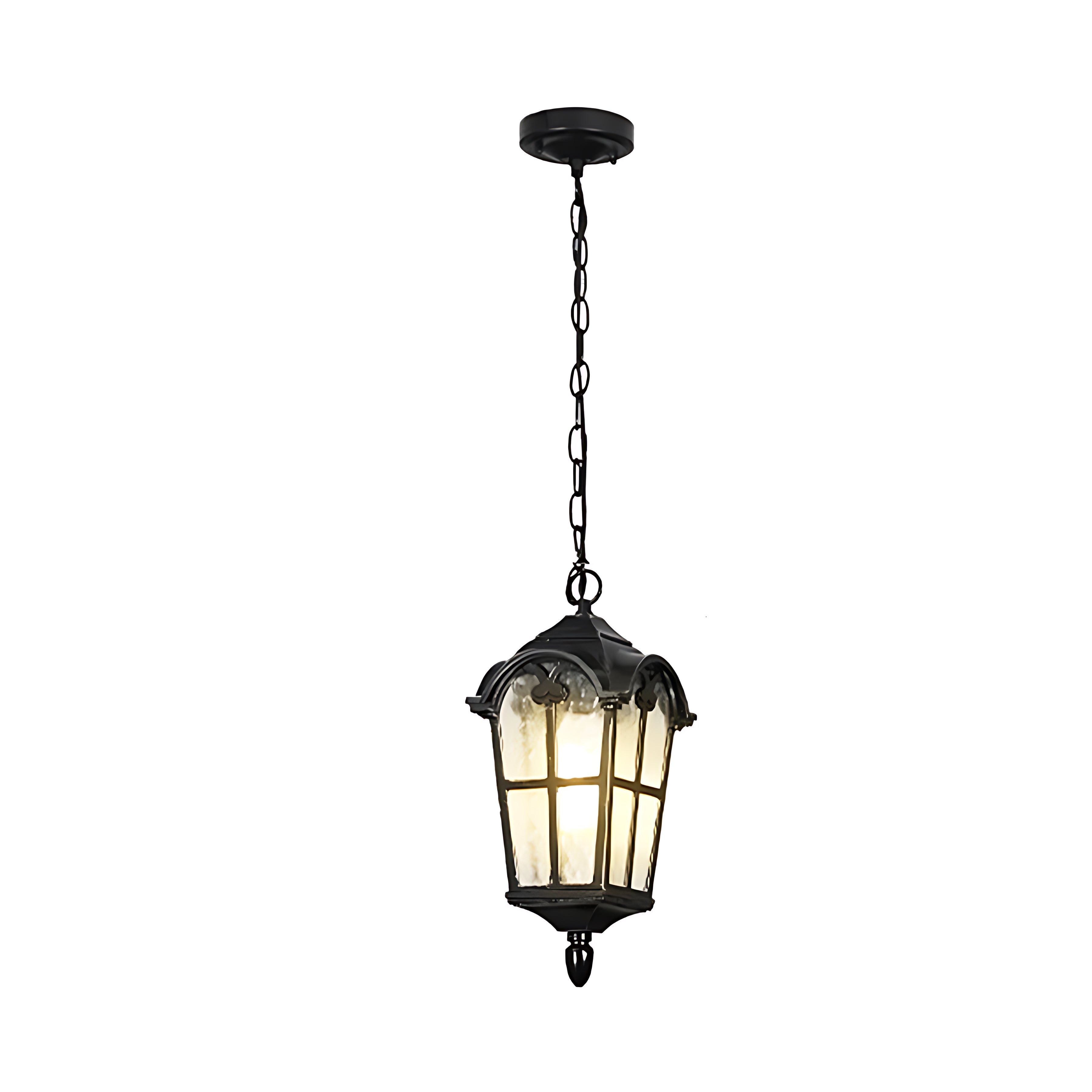 Chain-suspended outdoor pendant light with traditional carriage house design