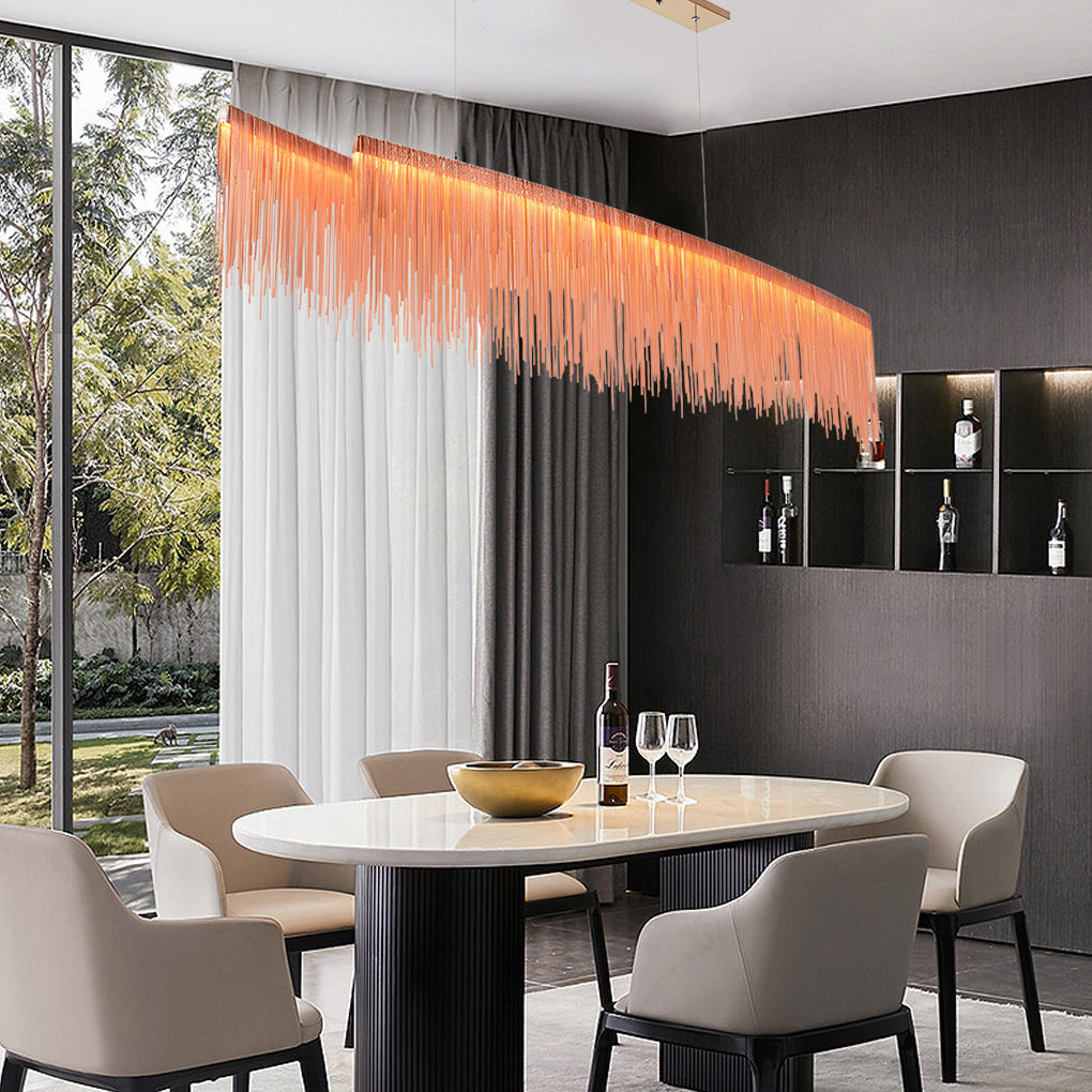 Chain tassel chandelier with a close-up of its detailed tassel structure.