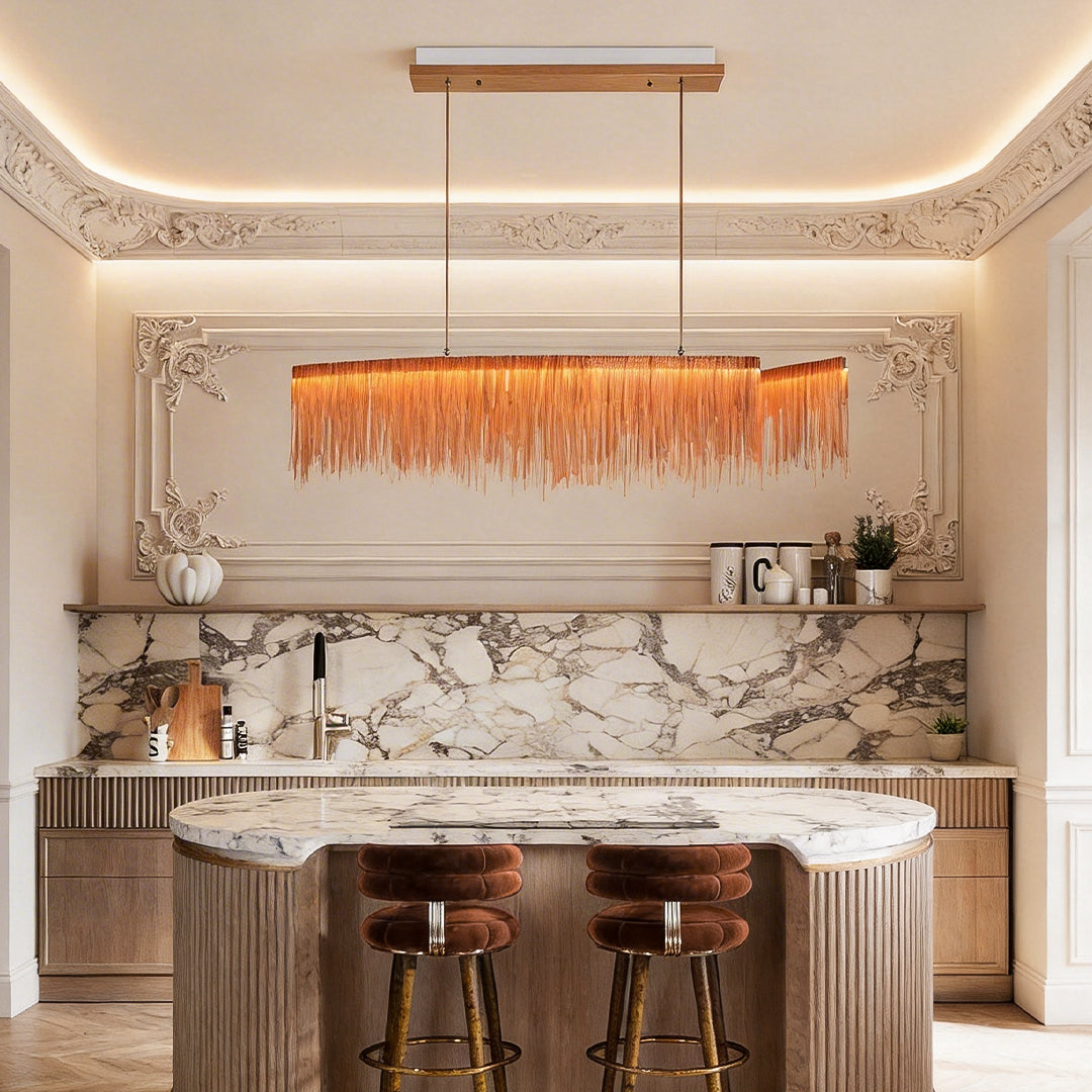Chain tassel chandelier with a modern design, enhancing a luxurious kitchen setting.