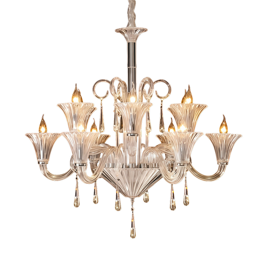 Champagne gold art glass chandelier with eight curved arms and candle-style lights on white background.