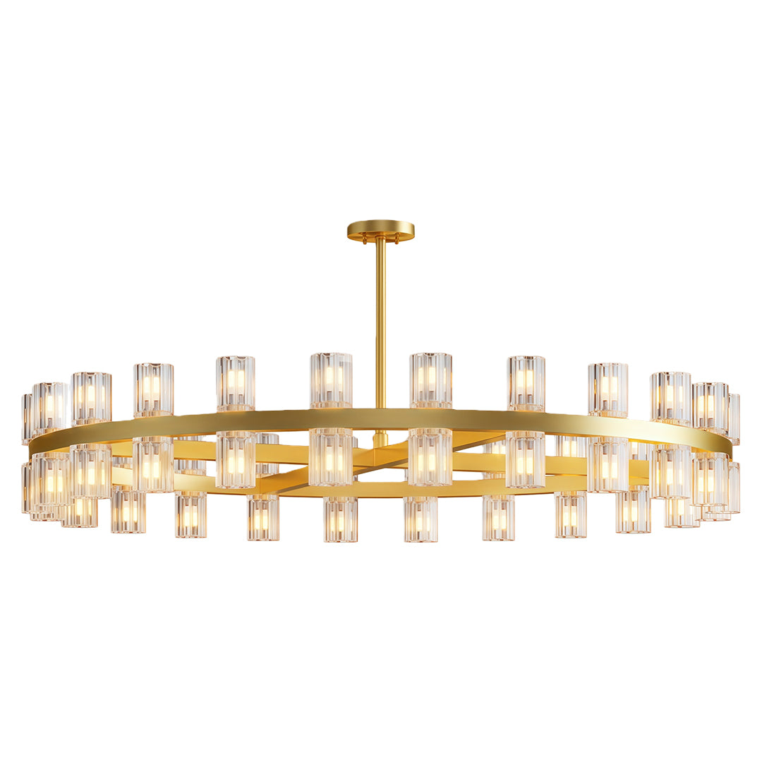 Luxury crystal chandeliers with champagne gold and elongated glass cylinder design.
