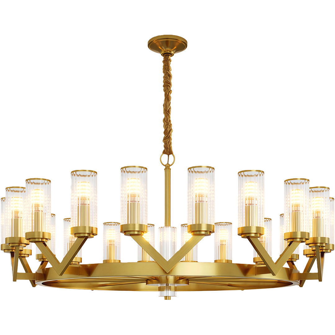 Glass drop chandelier with champagne gold and expansive circular glass layout