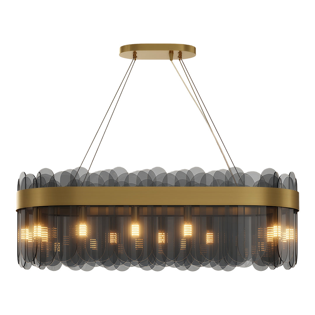 Modern copper chandelier with champagne gold and horizontal glass shade layout