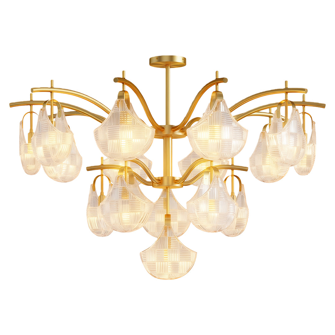 Shell chandelier light with champagne gold and multi-tier shell glass arrangement.