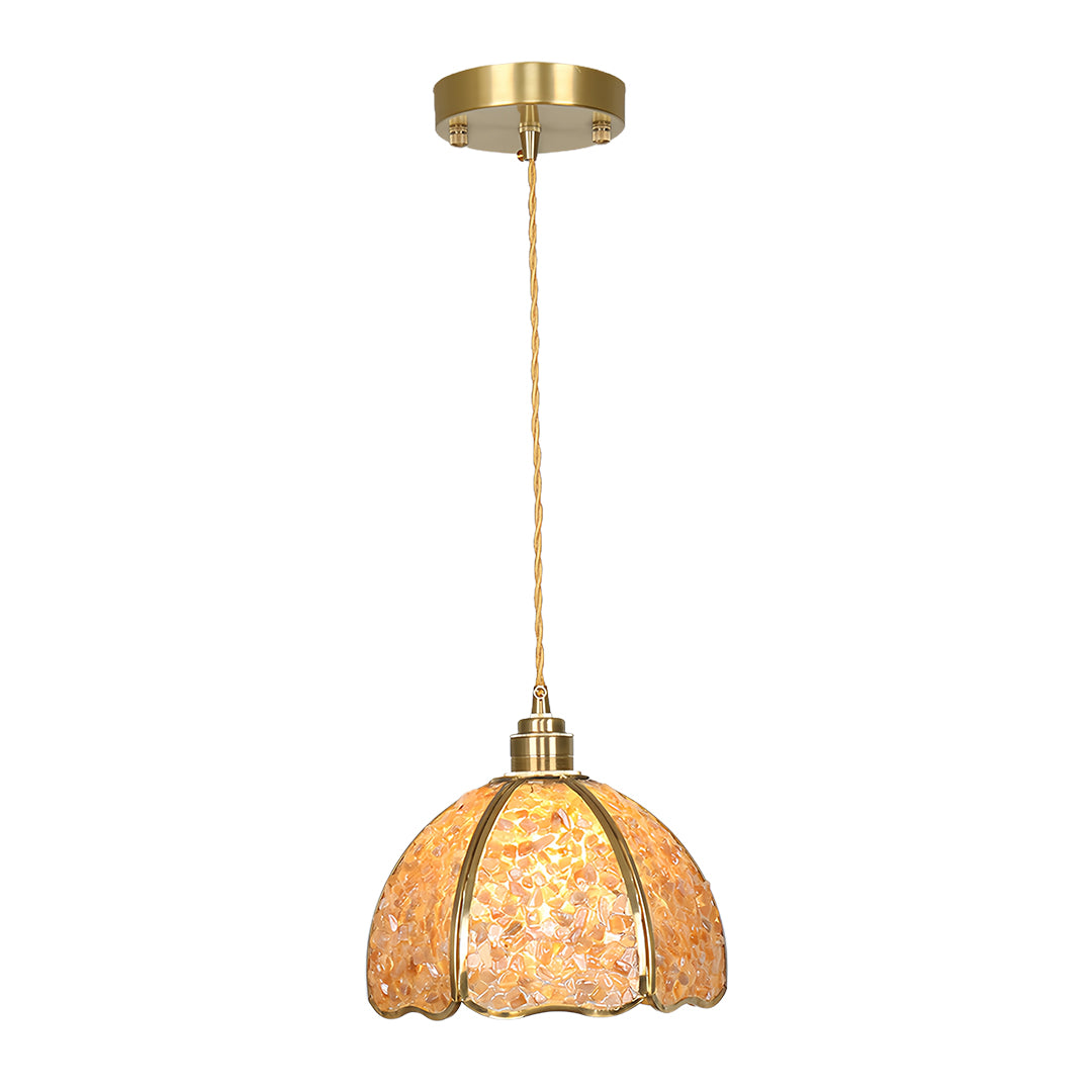 Champagne-colored small crystal pendant light with textured glass and brass ceiling mount