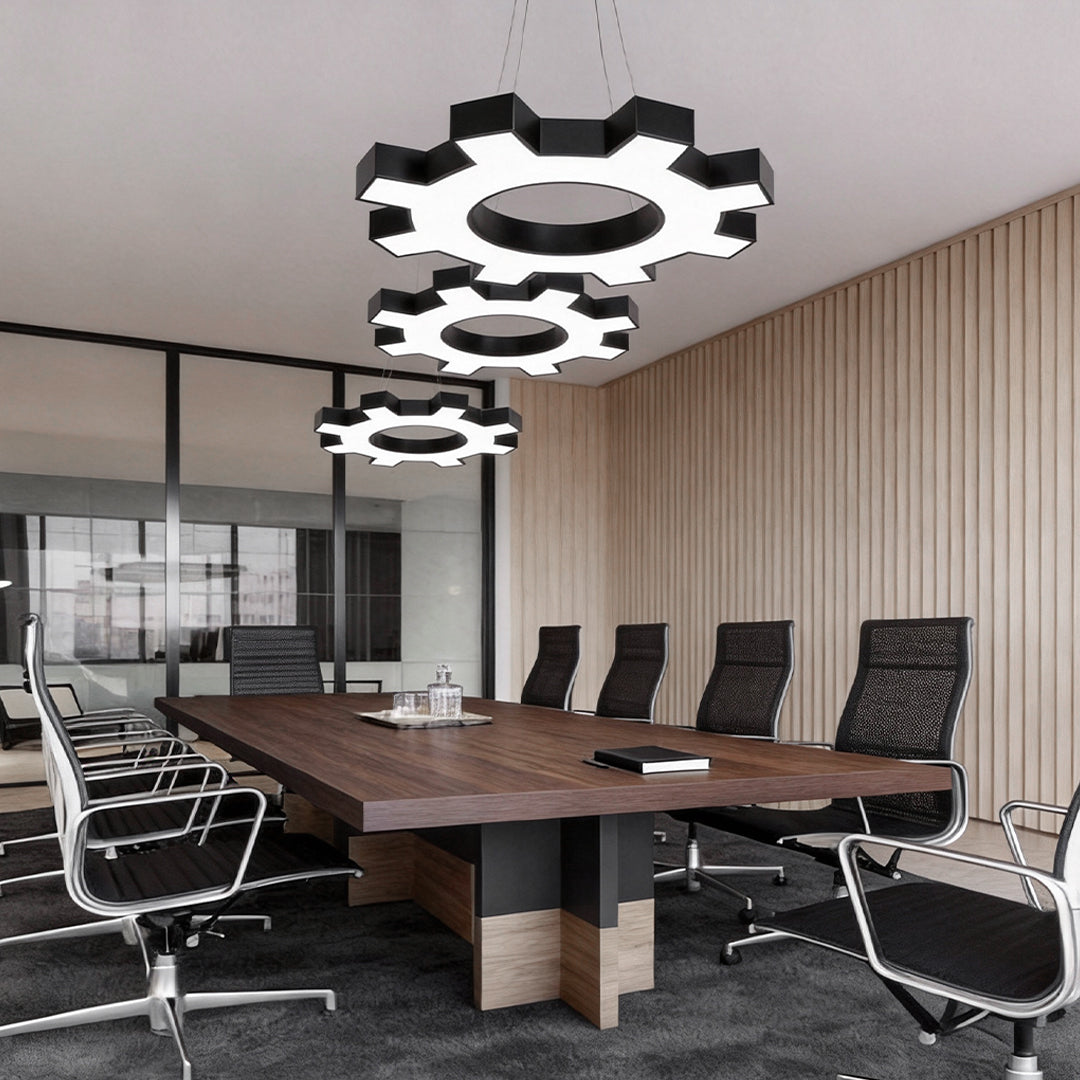 Chandelier black modern providing ambient light in a contemporary conference room.