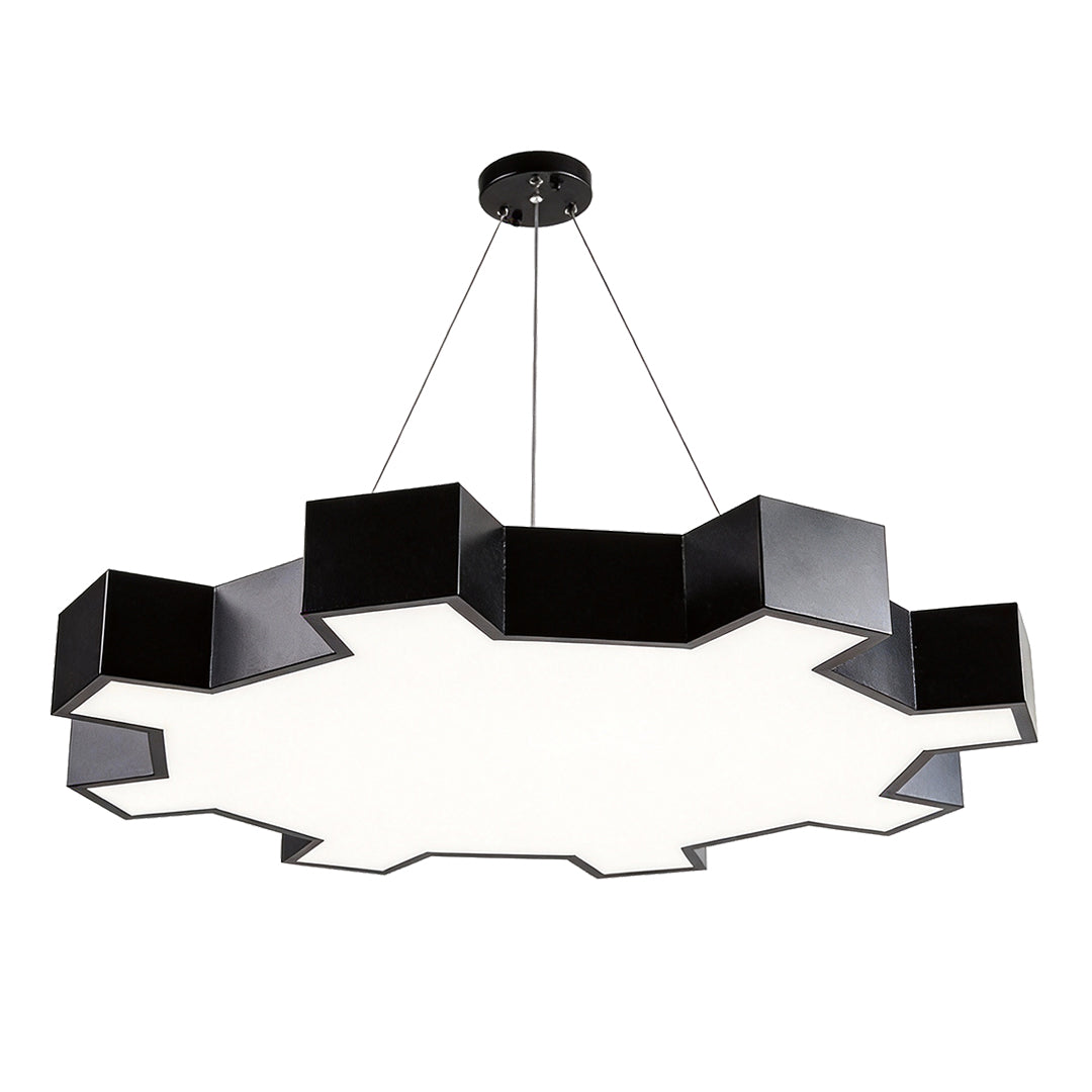Chandelier black modern in black, close-up of the geometric light pattern.