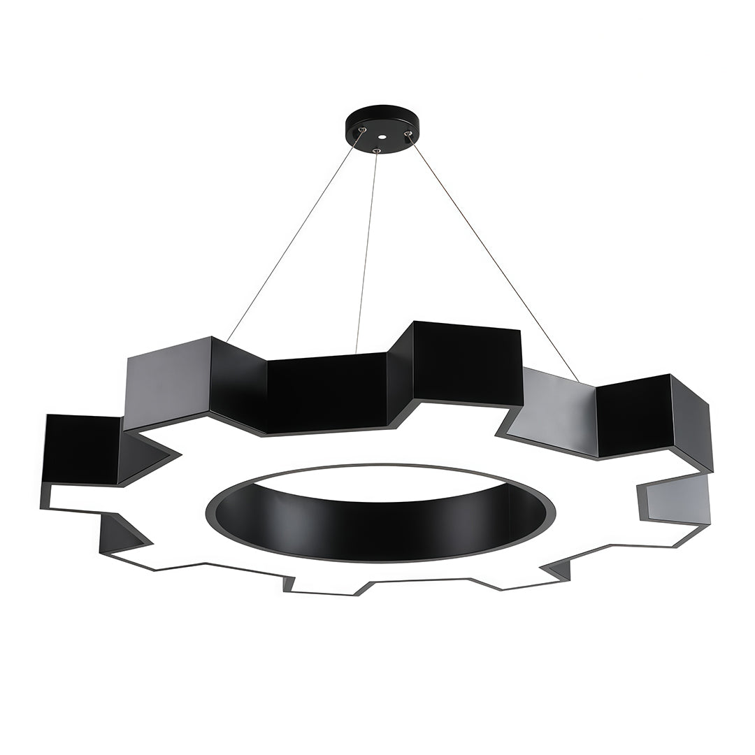 Chandelier black modern in black, close-up of the geometric light structure.