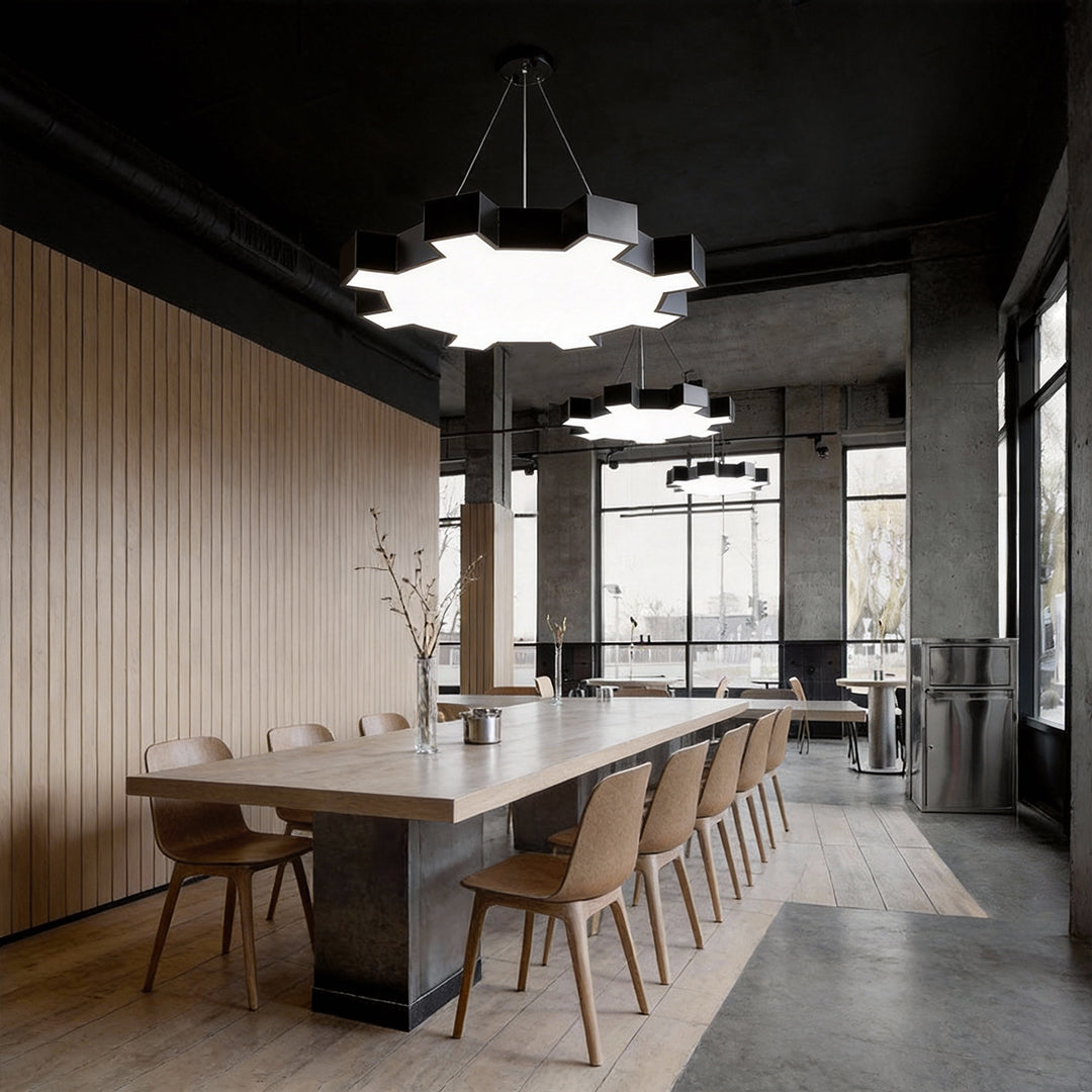 Chandelier black modern enhancing a stylish dining area with geometric design.