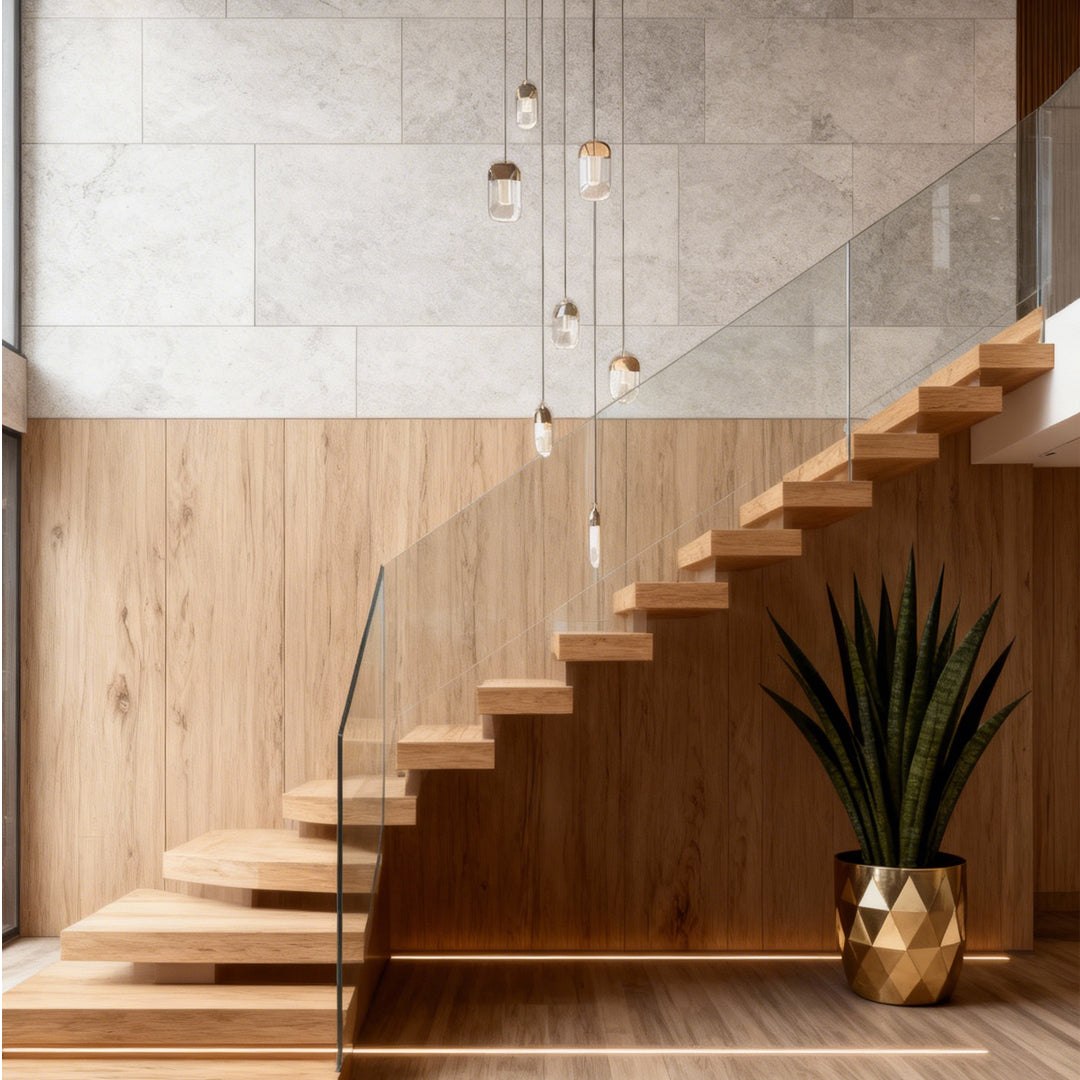 Chandelier for staircase illuminating modern entryway with wooden stairs and marble walls creating dramatic vertical lighting