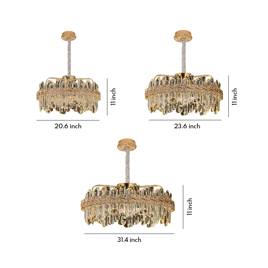 Size chart of chandelier lamps with crystal design showing different diameters and heights.