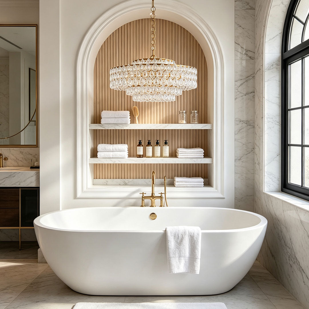 Chandelier lighting crystal fixture above a freestanding bathtub in a luxury bathroom.