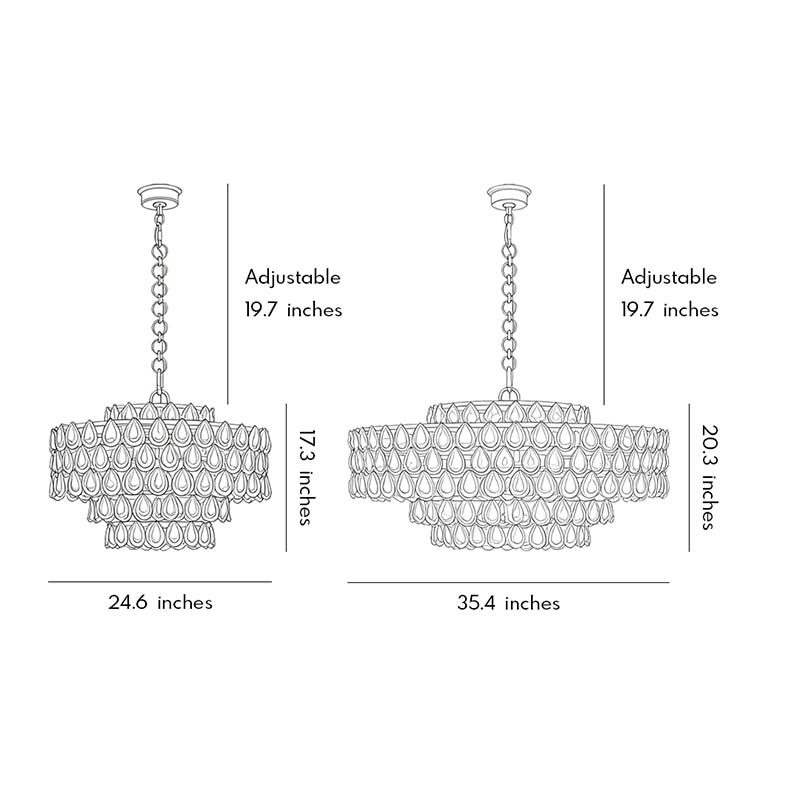 Chandelier lighting crystal dimension drawing displaying adjustable hanging height and fixture sizes.