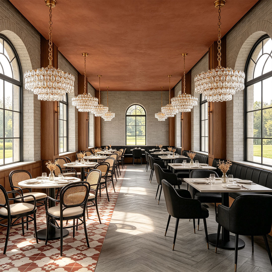 Chandelier lighting crystal fixtures hanging above an elegant upscale restaurant dining area.