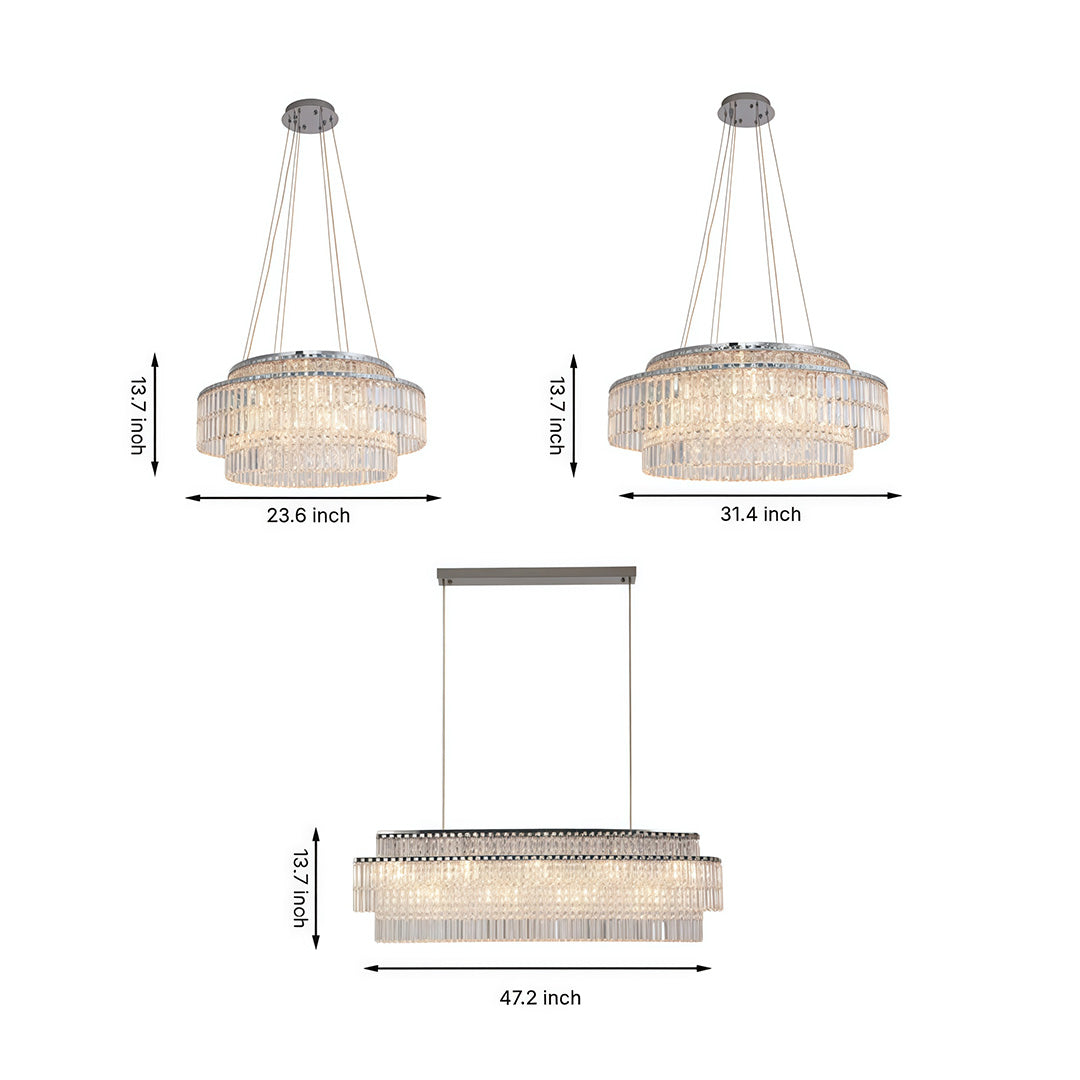 Chandelier with round crystals showing technical drawings of two sizes with dimension measurements on white background.