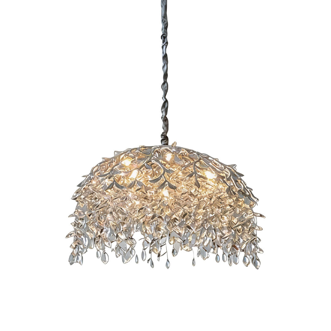 Chandelier with crystal in a white background product view featuring a larger dome profile and sparkling crystal fringe.