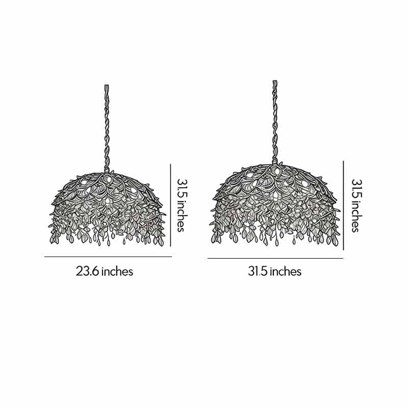 Chandelier with crystal dimension diagram showing 23.6-inch and 31.5-inch size options with overall height measurements.