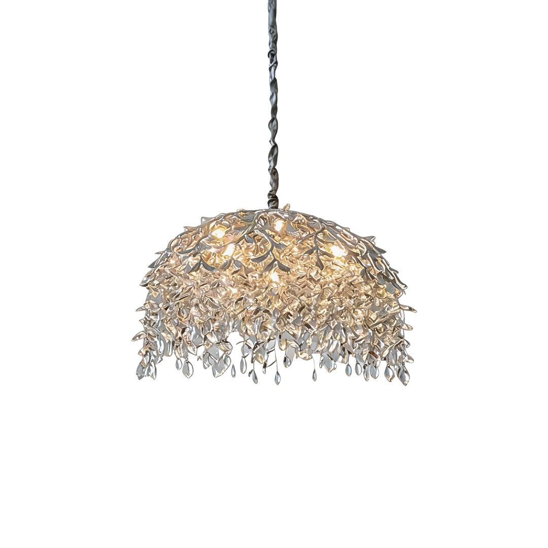 Chandelier with crystal in a white background product view with a dome-shaped silhouette and cascading crystal accents.