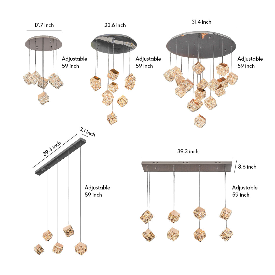 Chandelier with crystals and glass shade chandelier design showing multiple configuration options in champagne gold with geometric crystal shades.