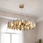 Round Iron LED Oval Crystal Decor Smoke Gray Modern Chandelier Light