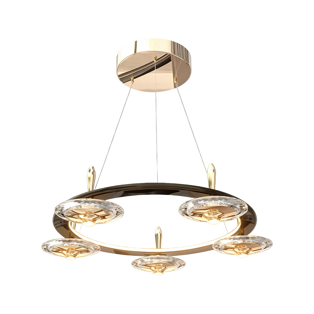Chandelier with round crystals featuring dual-ring design with ornate gold finish and decorative crystal accents