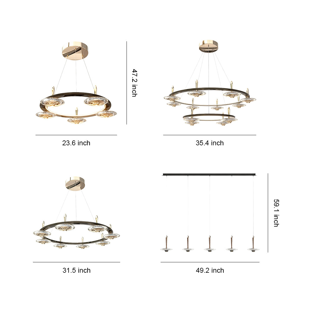 Multiple chandelier with round crystals designs showing various circular configurations with crystal glass elements and metallic frames