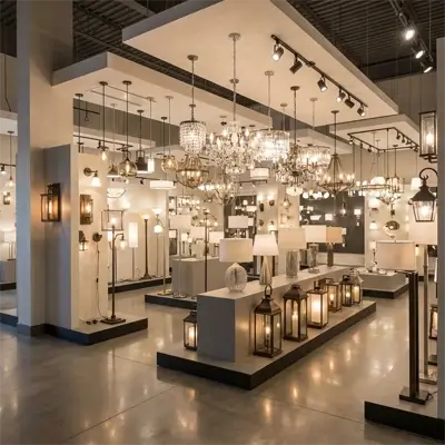 Chandeliers, lamps, and wall lights displayed in a lighting showroom