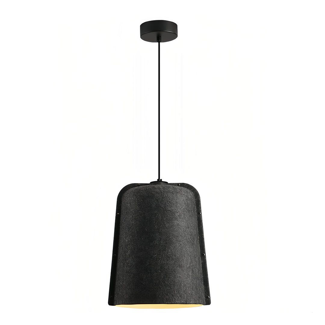 Isolated view of a charcoal black felt adjustable pendant light, showcasing its curved cylindrical shape and black canopy.