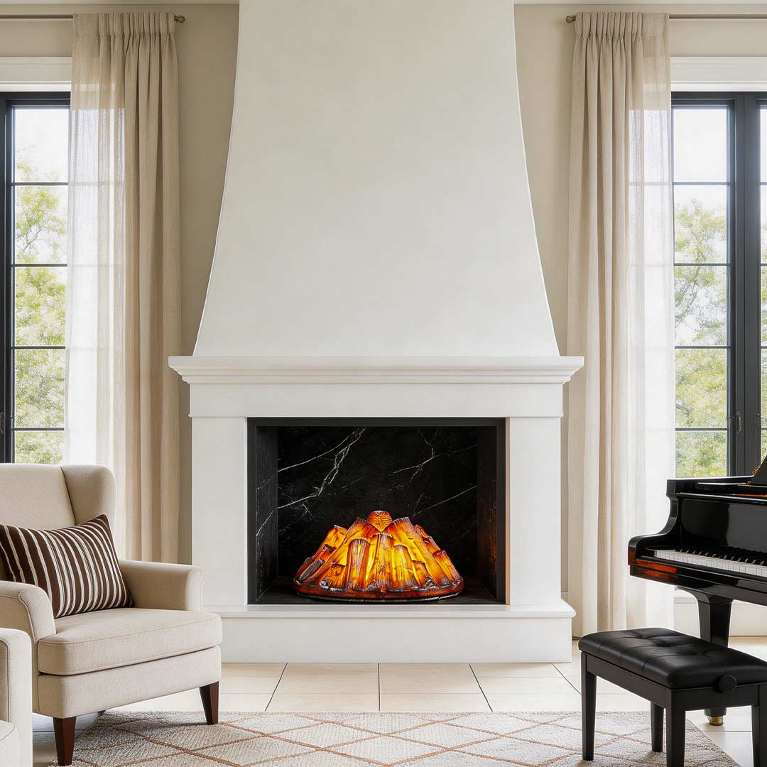 Charcoal burner lighter designed as a fireplace, mounted in a modern living room.